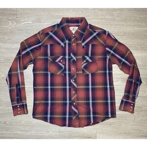 Men's Size LARGE Wrangler American Cowboys Choose Plaid Red White Pearl Snaps